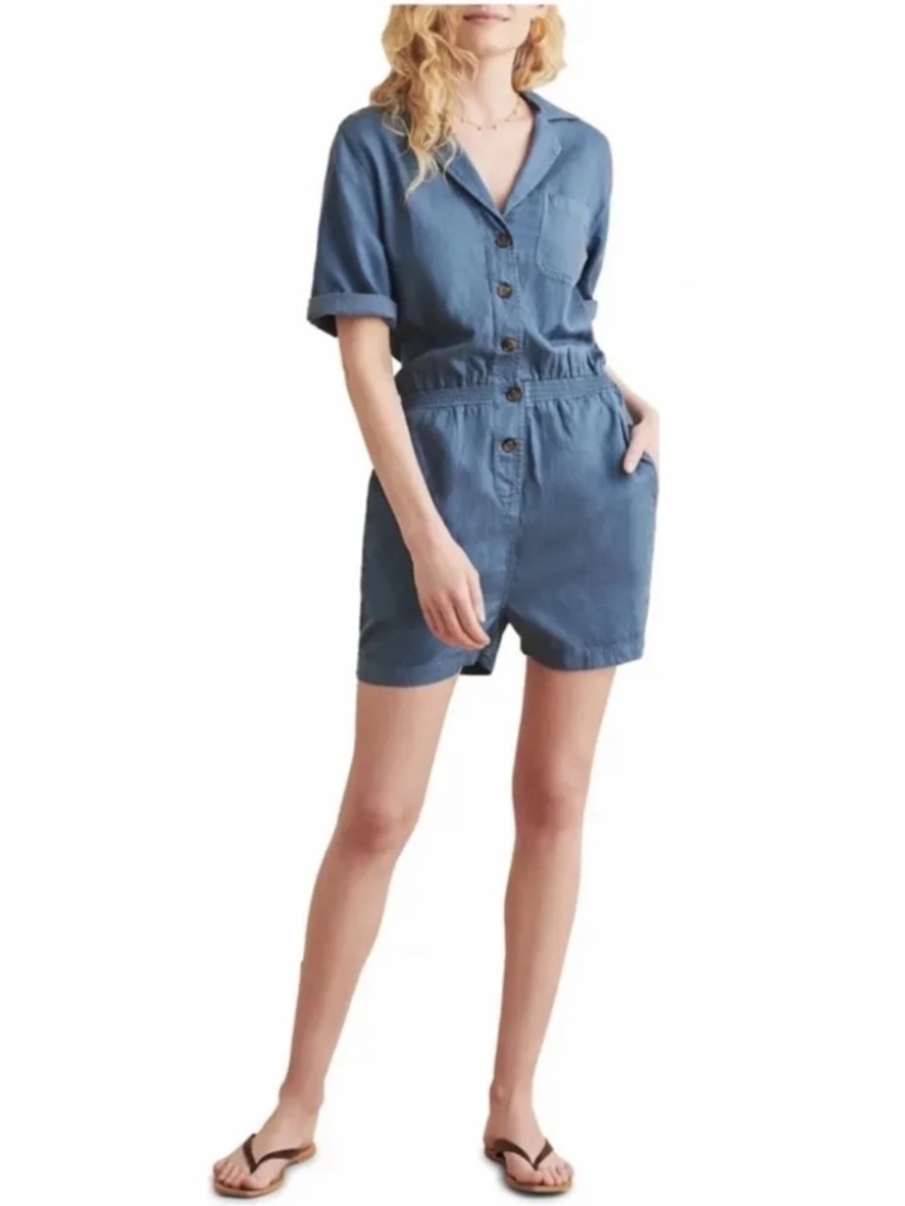 Faherty Women's Arlie Romper In Stormy Seas Blue Size M Linen Blend Casual